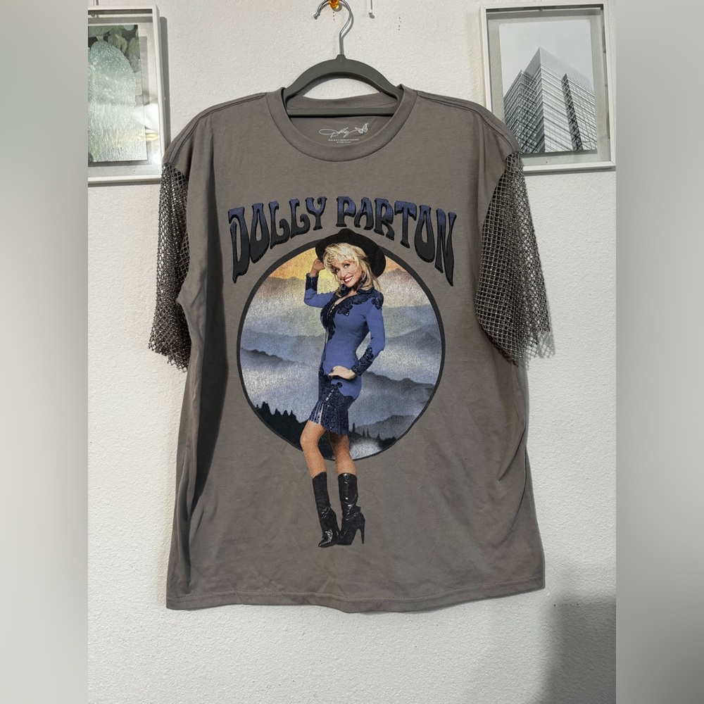Dolly Parton Women's Iridescent Rhinestome Short Sleeve Grey Graphic Tee- Size M